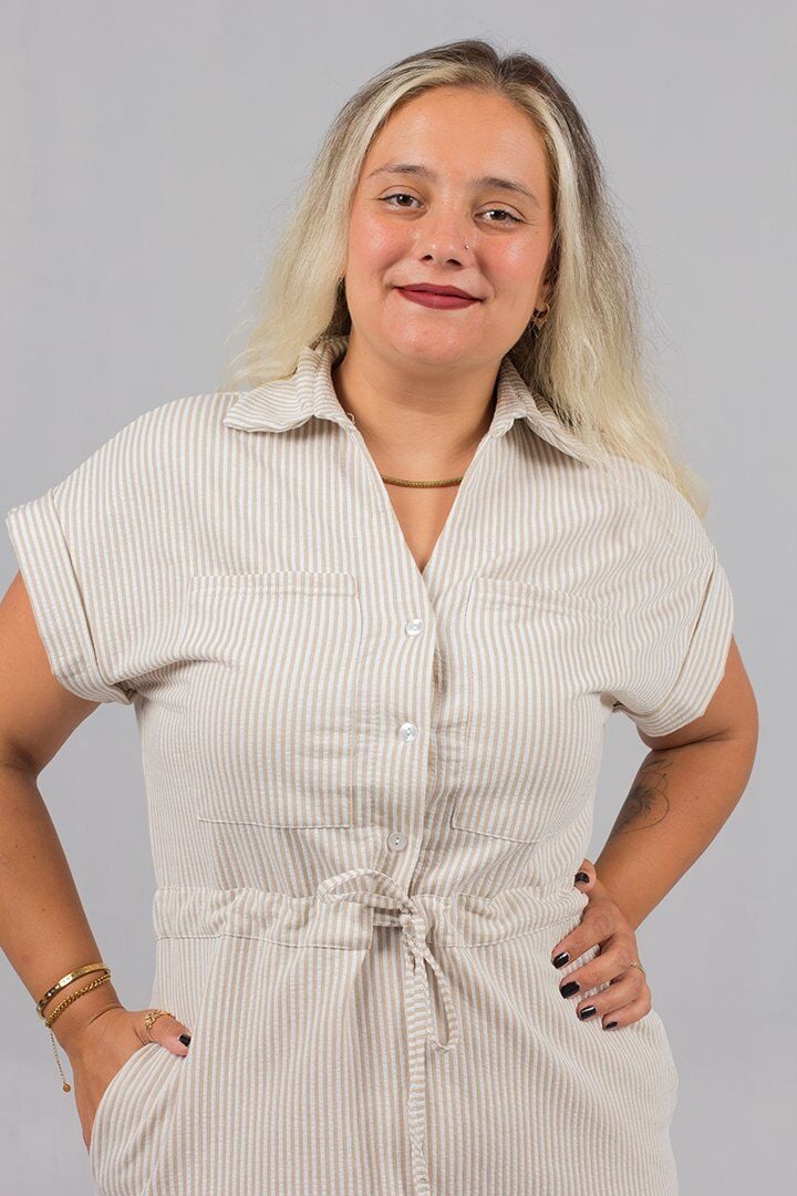 Belden Ayarlı Gömlek Yaka Kahverengi Çizgili Elbise