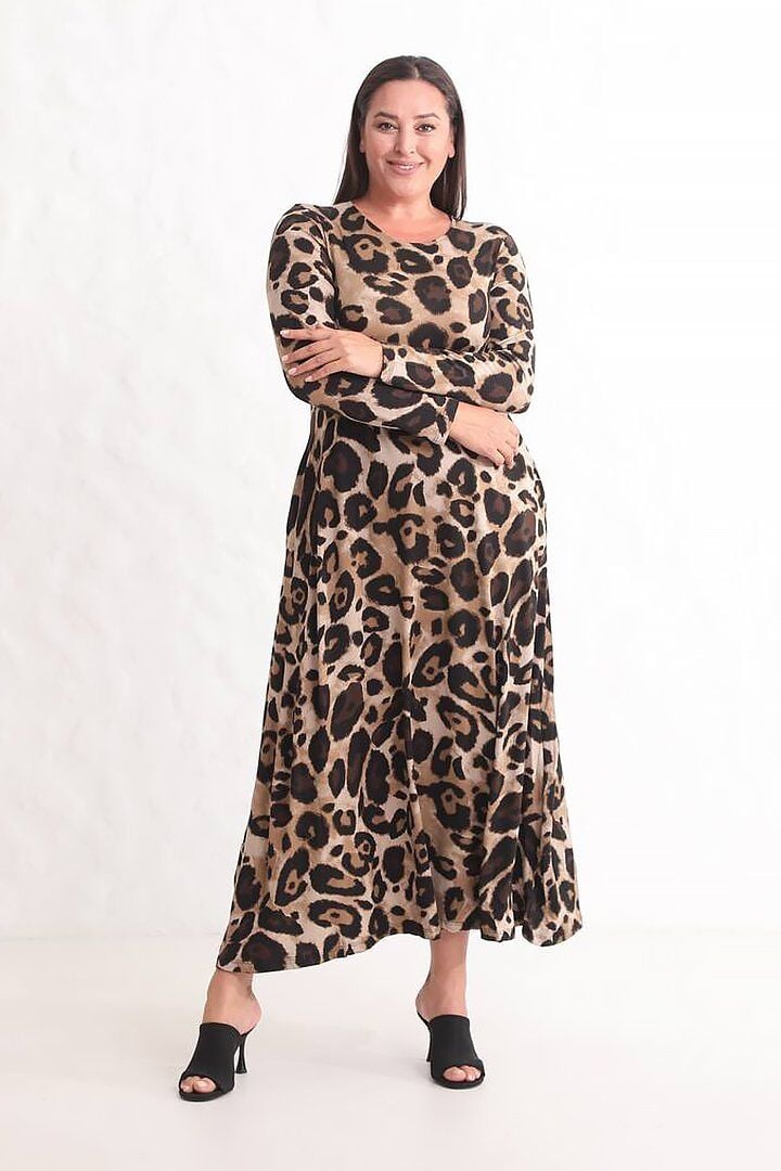 Leopar Desenli Uzun Elbise  Cepli, Viskon Likralı ve Uzun Kollu