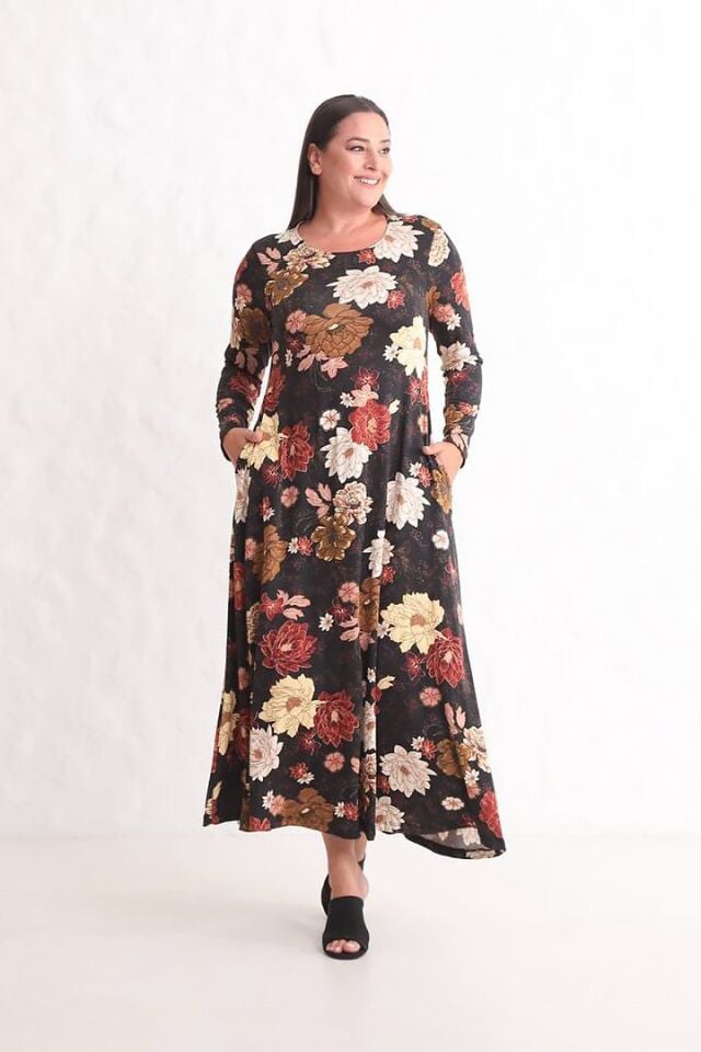 Büyük Çiçek Desenli Maxi Elbise | Uzun Kollu, Cepli ve 140 cm Boy