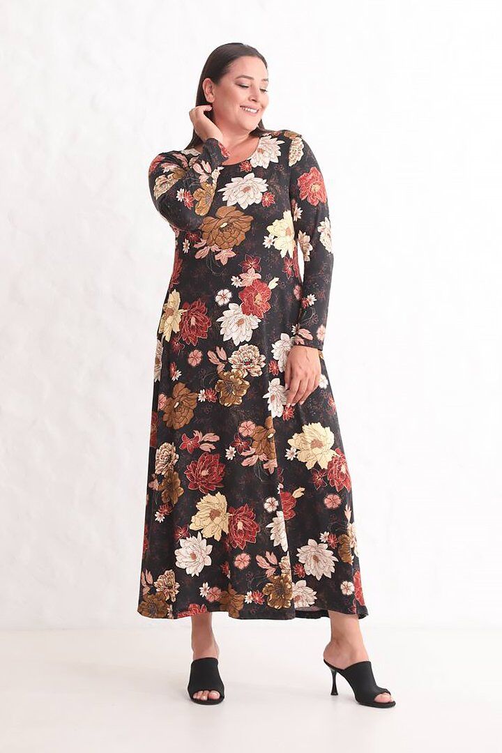 Büyük Çiçek Desenli Maxi Elbise | Uzun Kollu, Cepli ve 140 cm Boy
