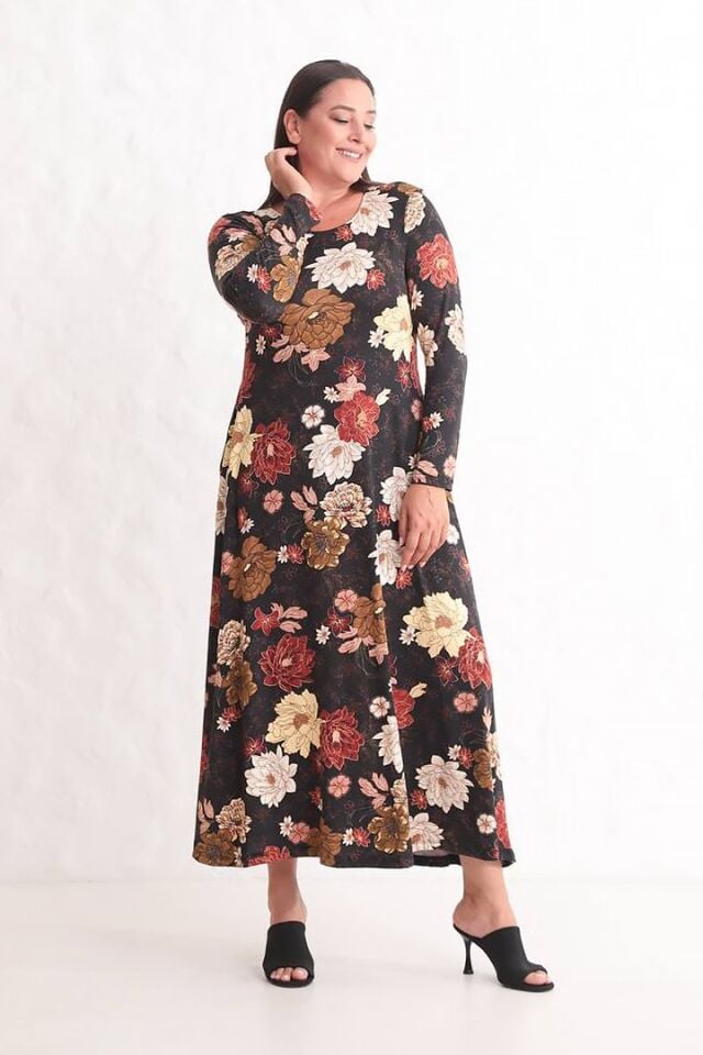Büyük Çiçek Desenli Maxi Elbise | Uzun Kollu, Cepli ve 140 cm Boy