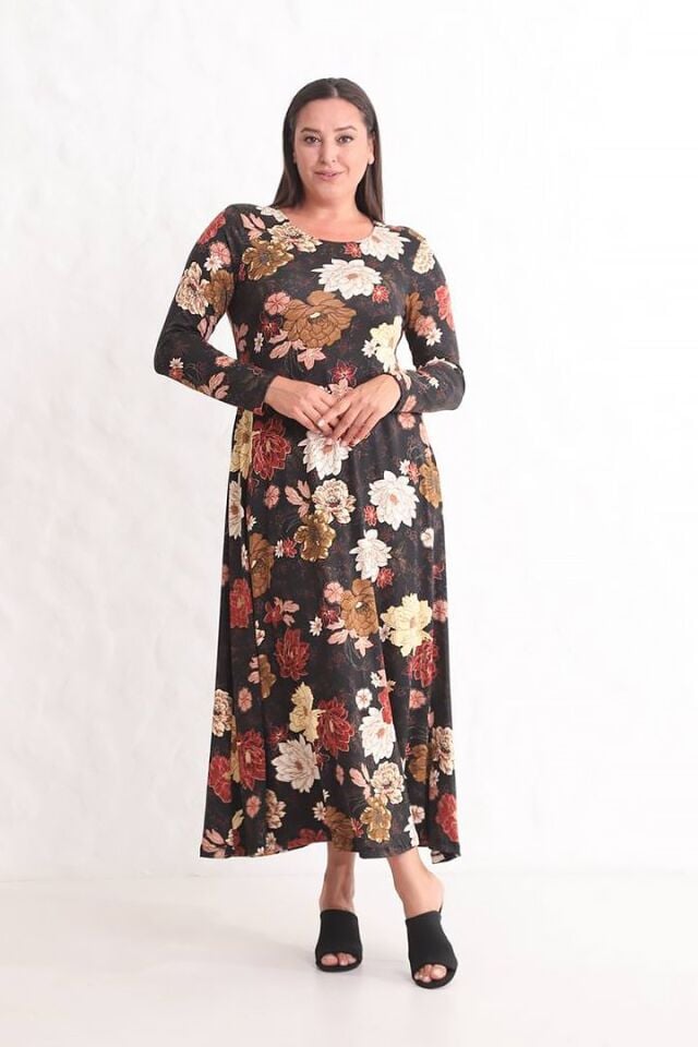 Büyük Çiçek Desenli Maxi Elbise | Uzun Kollu, Cepli ve 140 cm Boy
