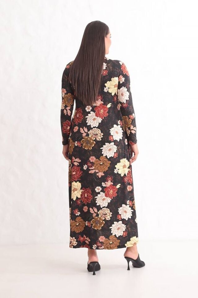 Büyük Çiçek Desenli Maxi Elbise | Uzun Kollu, Cepli ve 140 cm Boy