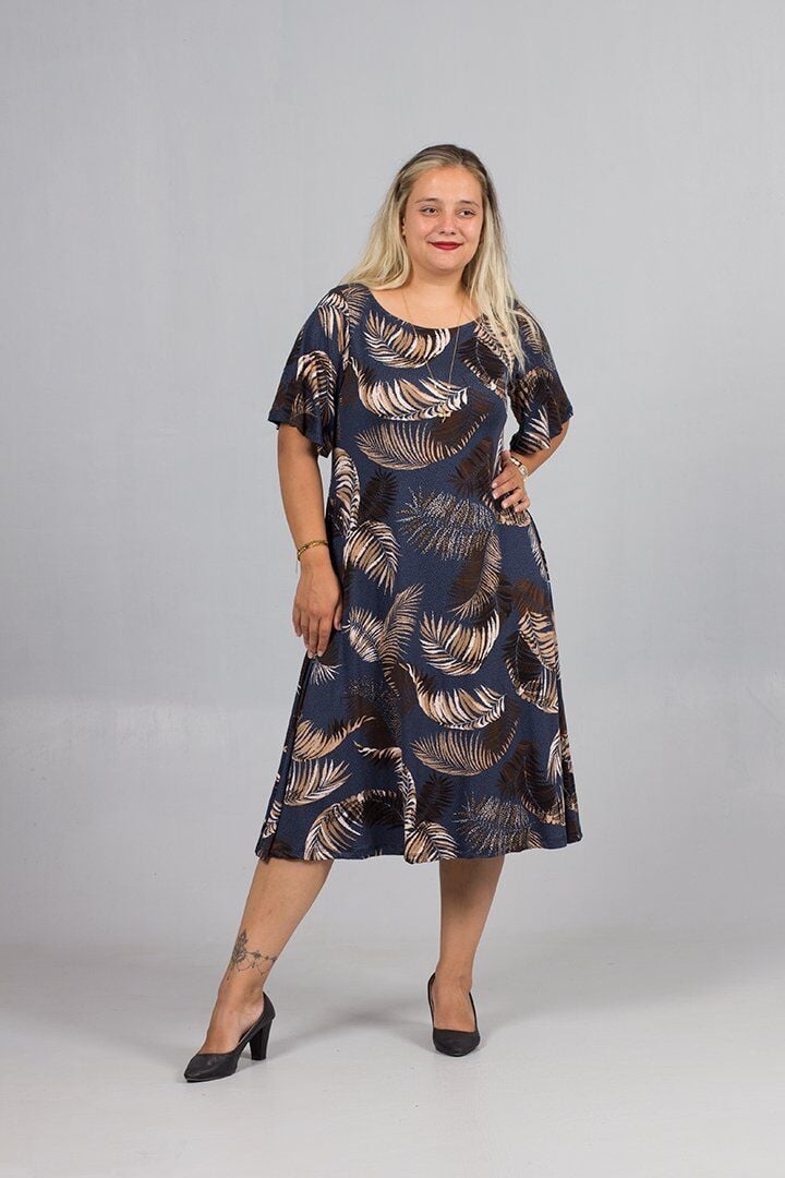 Büyük Beden Bisiklet Yaka Yaprak Desenli Lacivert Elbise