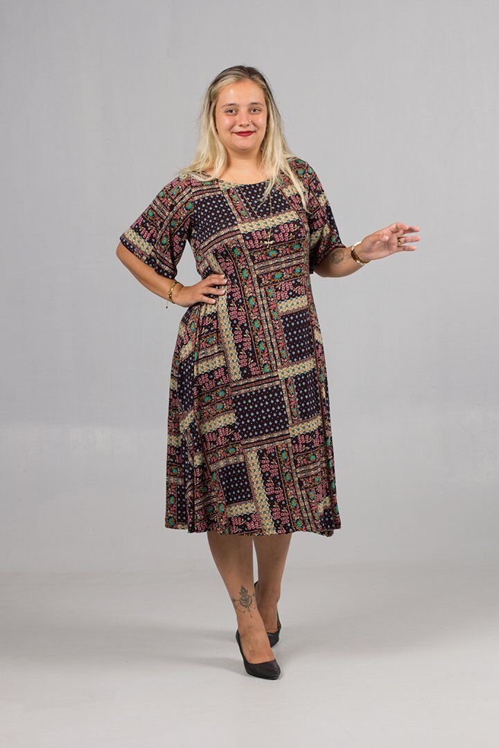 Büyük Beden Etnik Desenli Kahverengi Viskon Penye Elbise