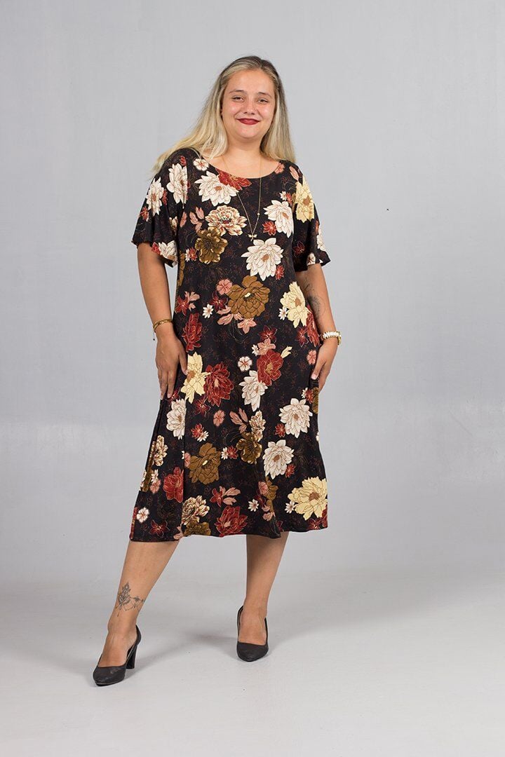 Büyük Beden Çiçek Desenli Viskon Likralı Elbise