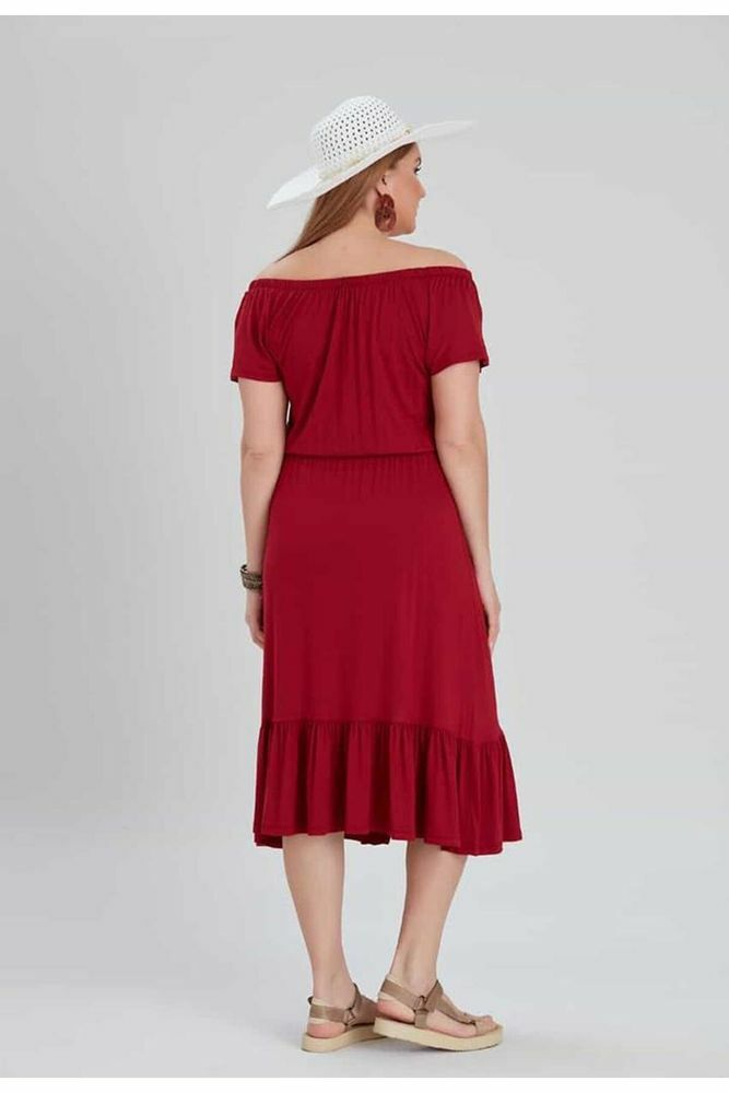 Büyük Beden Düğme Detaylı Madonna Yaka Elbise Renkli Elb558