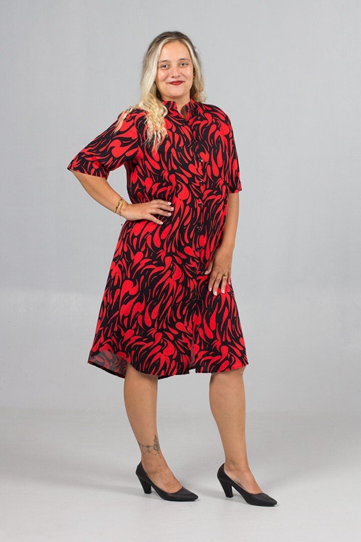 Büyük Beden Bordo Desenli Dokuma Viskon Hakim Yaka Gömlek Elbise