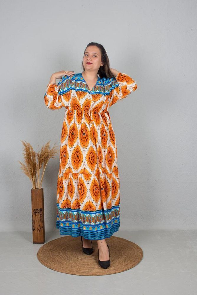 Büyük Beden V Yaka Göğüs Altından Bağlamalı Desenli Elb666