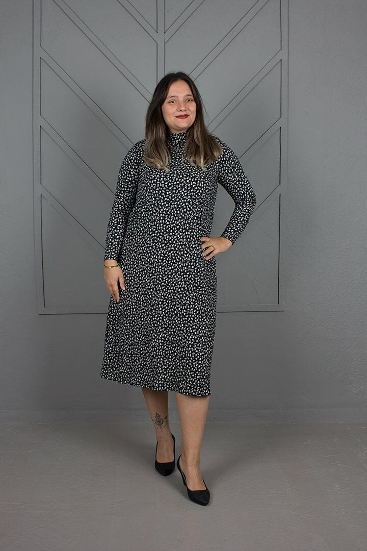 Büyük Beden Bürümcüklü Krep Çiçek Desenli Elbise