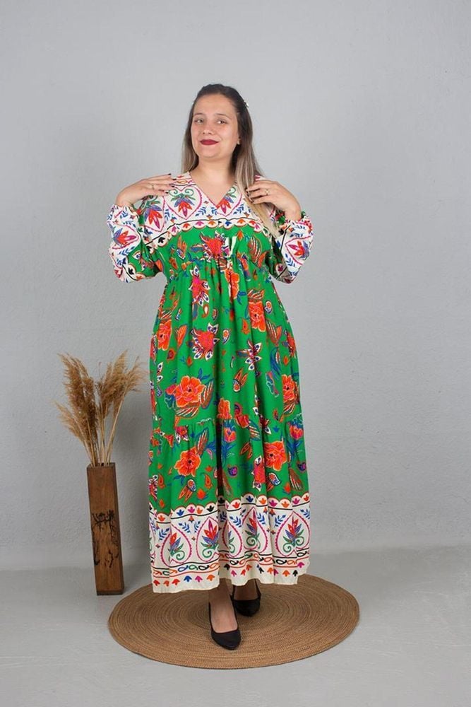 Büyük Beden Otantik V Yaka Dokuma Elbise Desenli ELB664