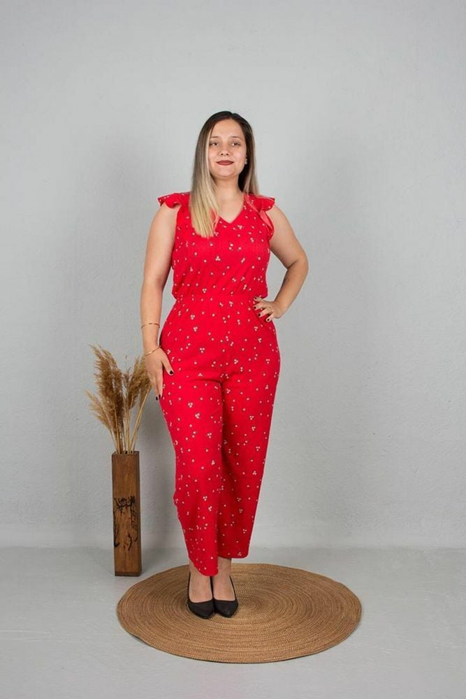 Büyük Beden Krep Kumaş Tulum Kırmızı Tlm191