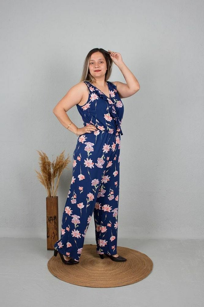 Büyük Beden Çiçek Desenli Bol Paça Tulum Lacivert Tlm192
