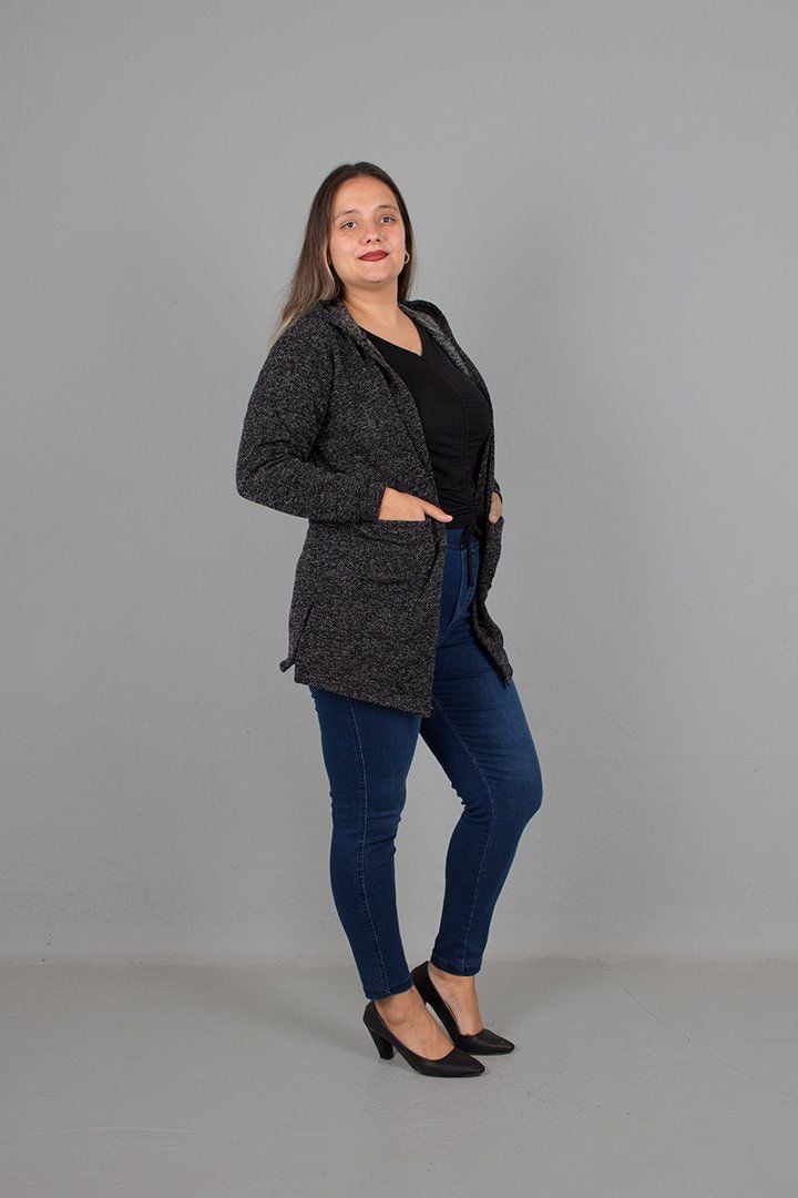 Büyük Beden Simli Kapşonlu Triko Hırka siyah