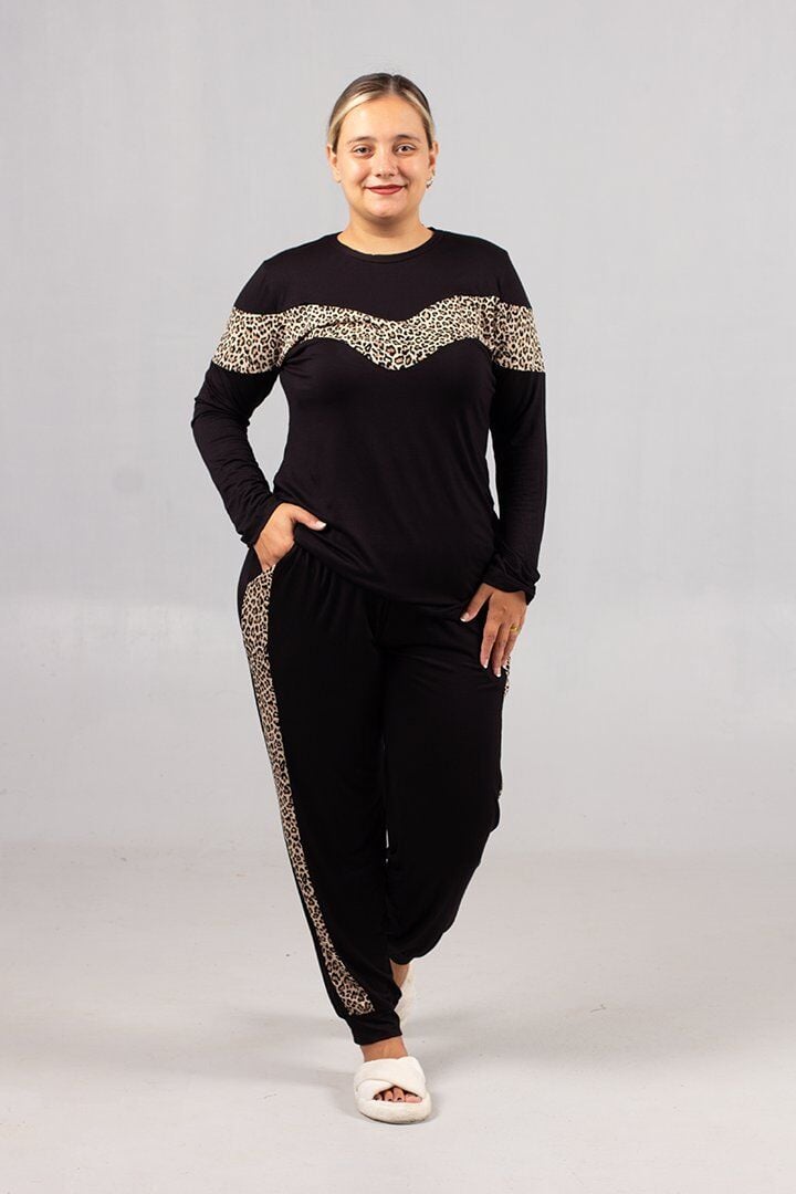 Büyük Beden Siyah Leopar Şeritli  Kadın Takım – Şık ve Rahat Ev Giyim