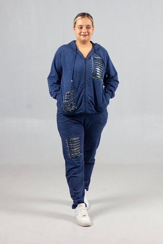 Büyük Beden Yırtık Detaylı %95 Pamuk %5 Likra Kapüşonlu Eşofman Takımı