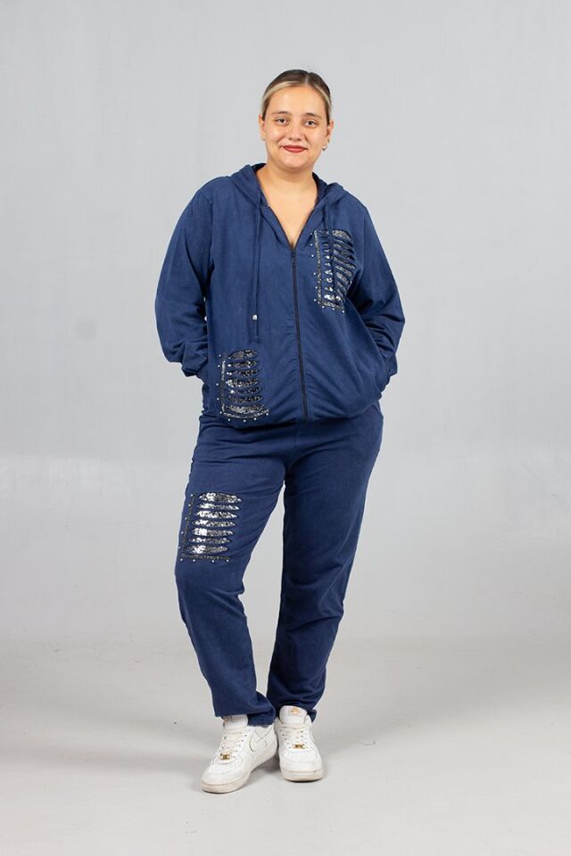 Büyük Beden Yırtık Detaylı %95 Pamuk %5 Likra Kapüşonlu Eşofman Takımı