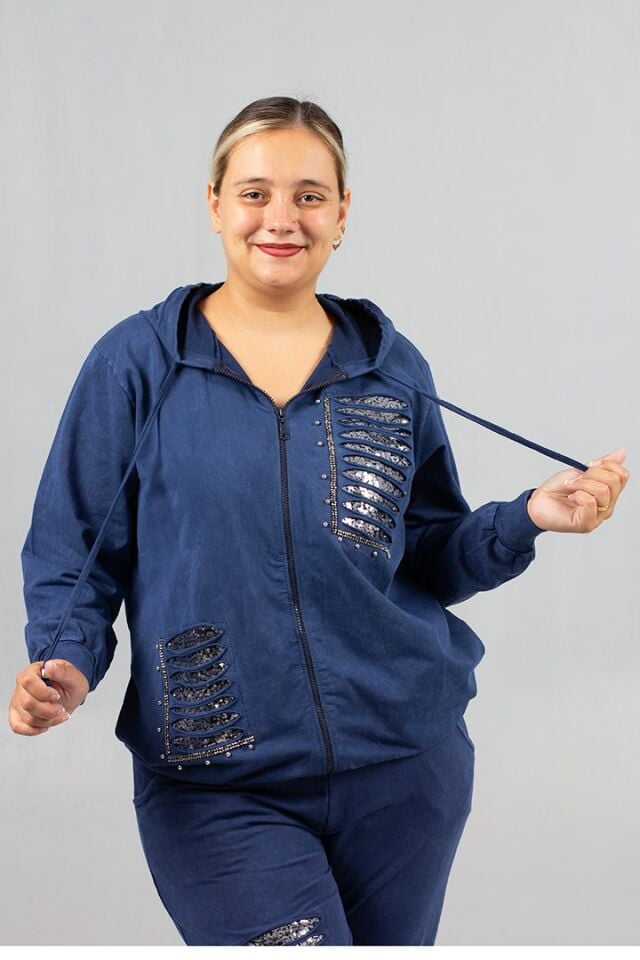 Büyük Beden Yırtık Detaylı %95 Pamuk %5 Likra Kapüşonlu Eşofman Takımı