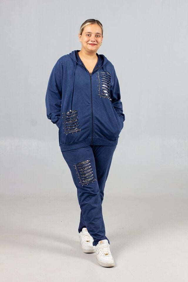 Büyük Beden Yırtık Detaylı %95 Pamuk %5 Likra Kapüşonlu Eşofman Takımı