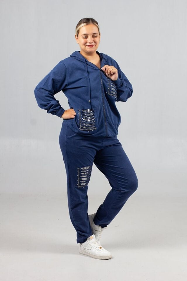 Büyük Beden Yırtık Detaylı %95 Pamuk %5 Likra Kapüşonlu Eşofman Takımı