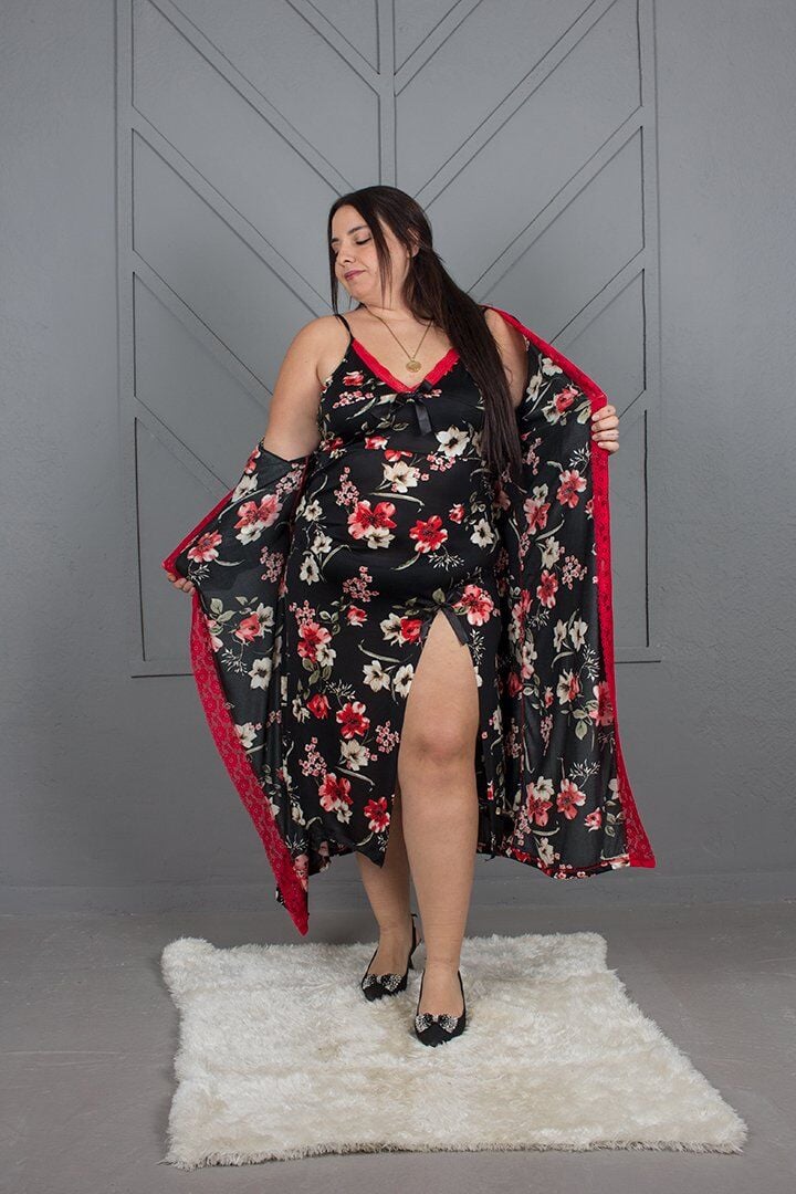 Büyük Beden Çiçek Desenli İpekli Penye Gecelik Sabahlık Takımı