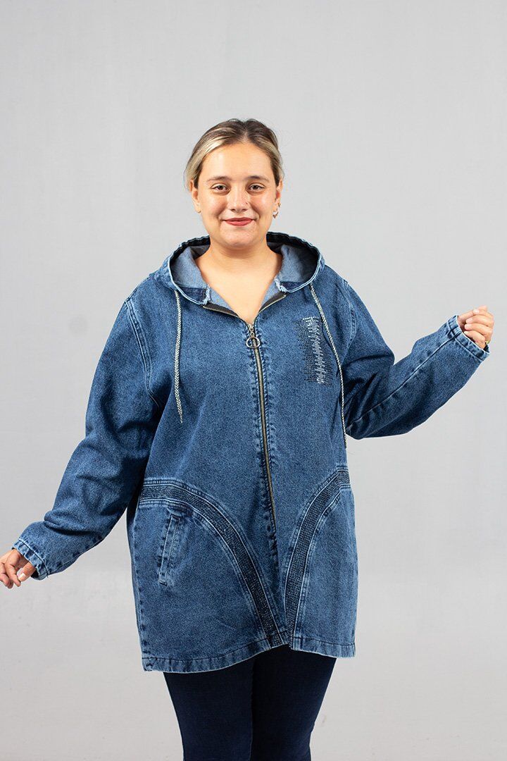 Büyük Beden Oval Taş İşlemeli Kot Mont | Kapşonlu ve Şık Tasarım