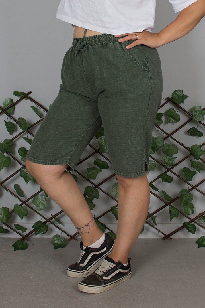 Büyük Beden Yıkamalı Pamuk Haki Kapri – Nefes Alan Rahat Kesim