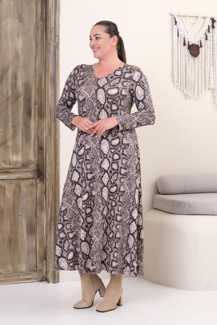 Büyük Beden Tam Boy V Yaka Desenli Viskon Likralı Uzun Kol Elbise