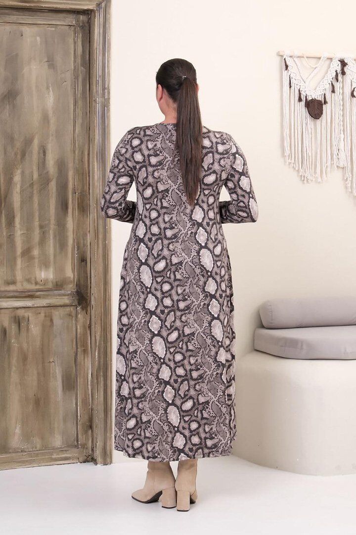 Büyük Beden Tam Boy V Yaka Desenli Viskon Likralı Uzun Kol Elbise