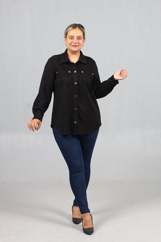 Büyük Beden Siyah Süet Gömlek
