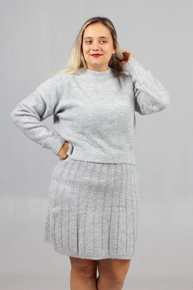 Açık Gri Triko Etek Kazak Takım | 46 Bedene Kadar Minimalist Şıklık