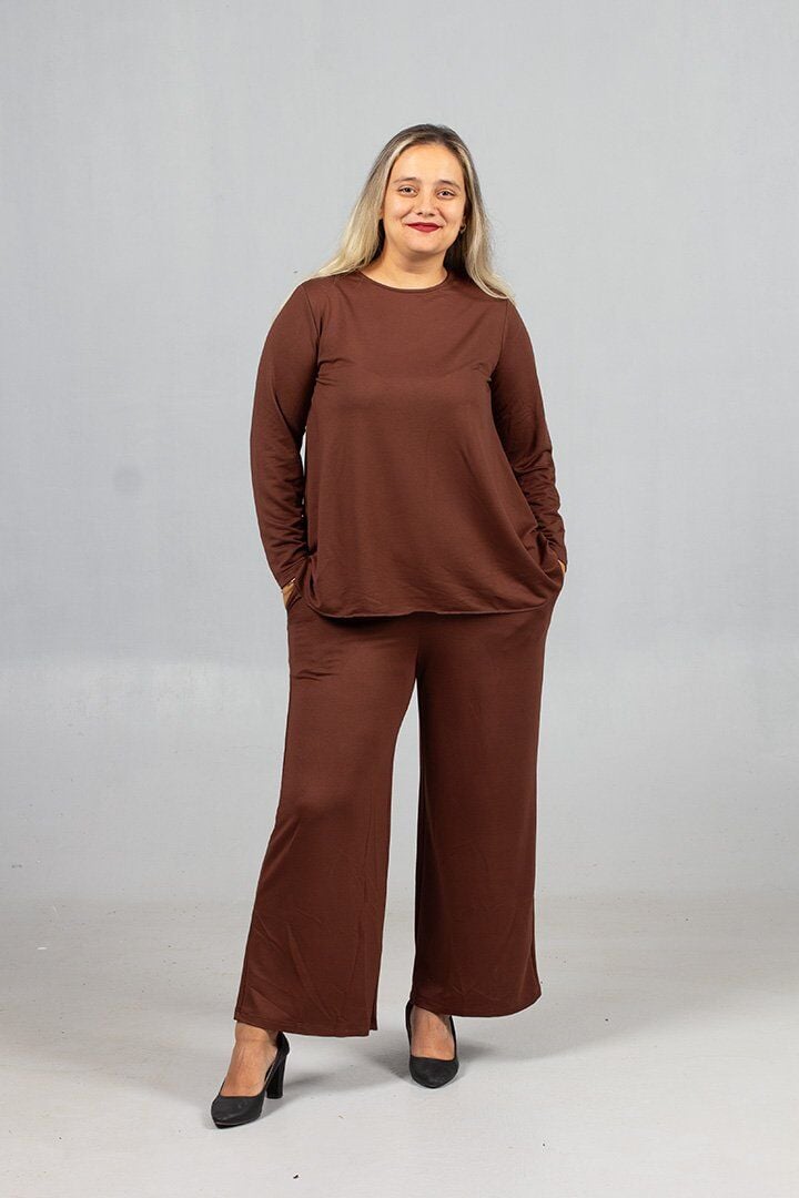 Sıcak Kahve Tonu: Likralı 2 İplik Penye Takım | Arka Uzun Alt Üst Kombin