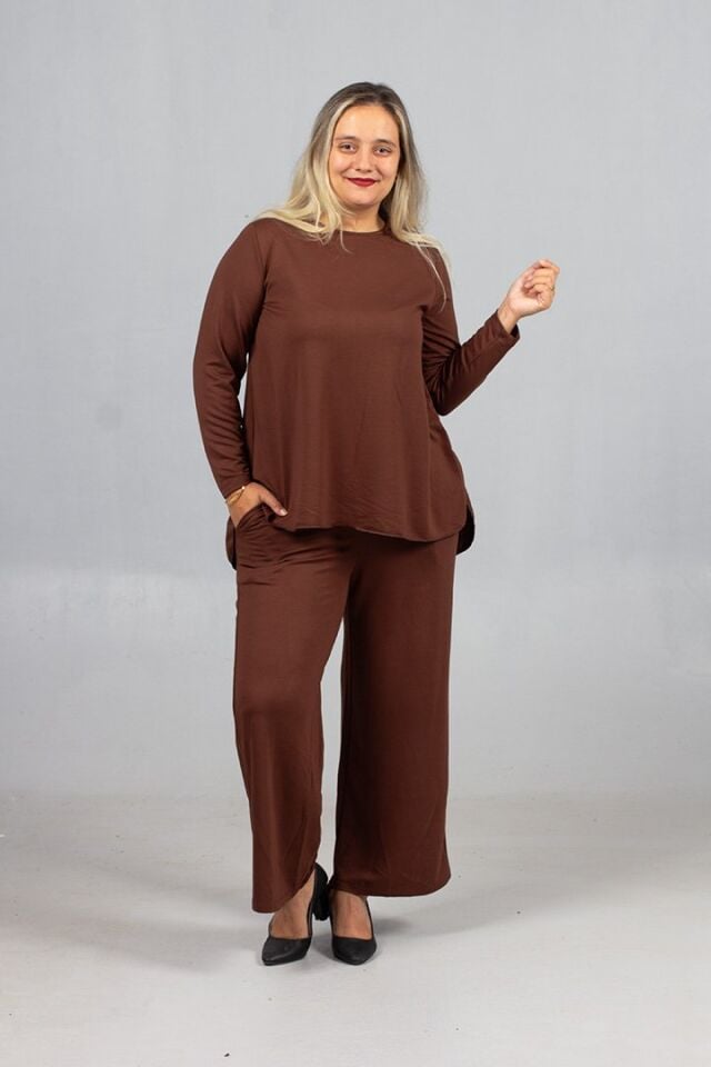 Sıcak Kahve Tonu: Likralı 2 İplik Penye Takım | Arka Uzun Alt Üst Kombin