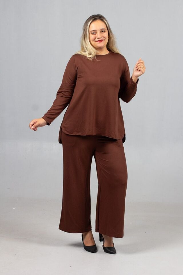 Sıcak Kahve Tonu: Likralı 2 İplik Penye Takım | Arka Uzun Alt Üst Kombin