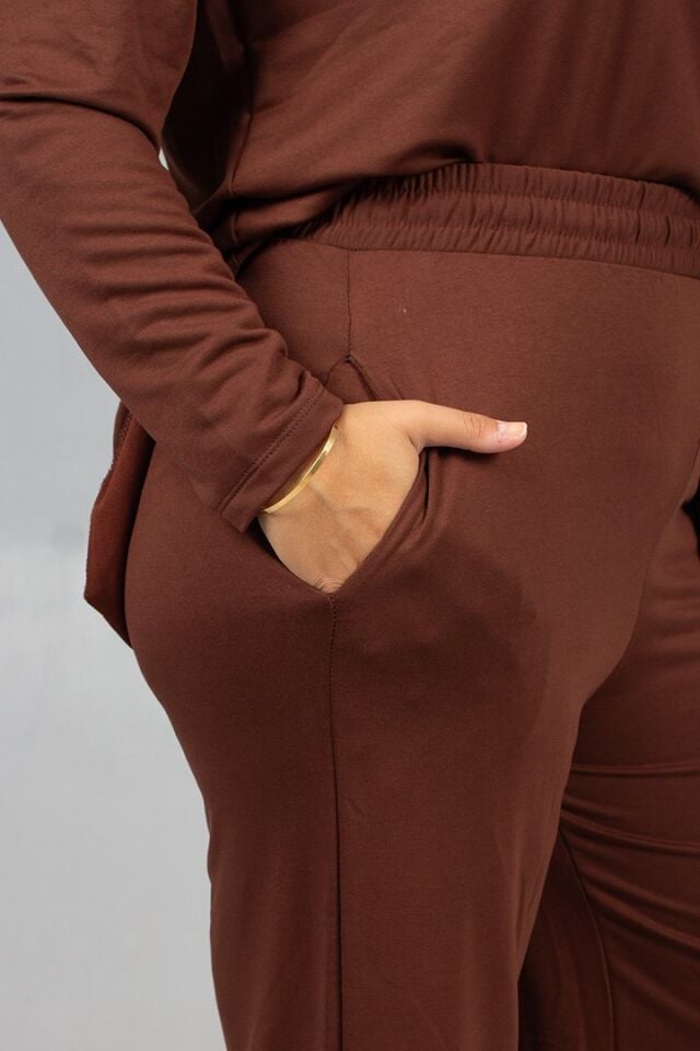 Sıcak Kahve Tonu: Likralı 2 İplik Penye Takım | Arka Uzun Alt Üst Kombin