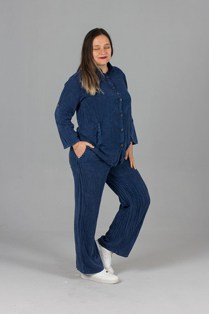 Büyük Beden Gömlek Pantolon Pamuklu Takım Lacivert