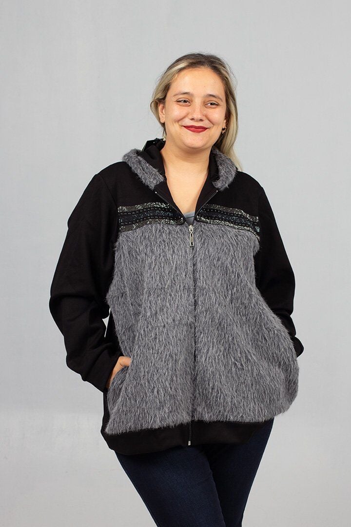 Büyük Beden Ön Kürk ve Taş İşlemeli Kapşonlu Mont