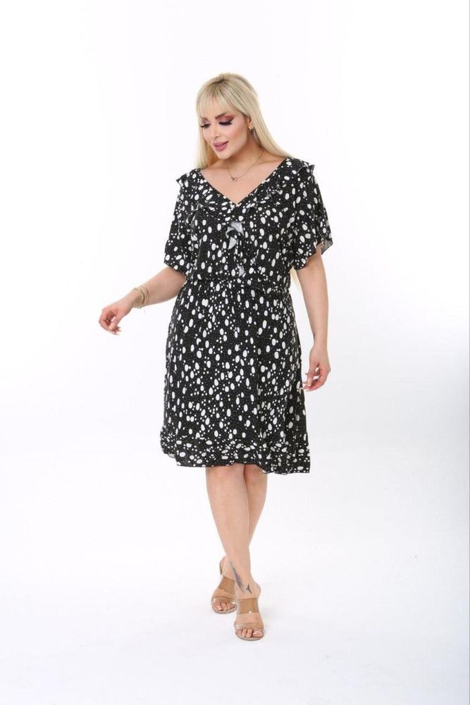Büyük Beden V Yaka Elbise Puantiyeli Siyah Elb651
