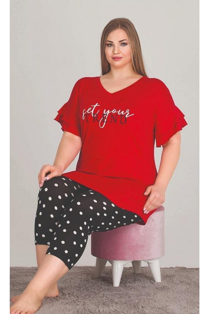 Büyük Beden Kadın Kapri Pijama Takım Puantiyeli Kırmızı P10582