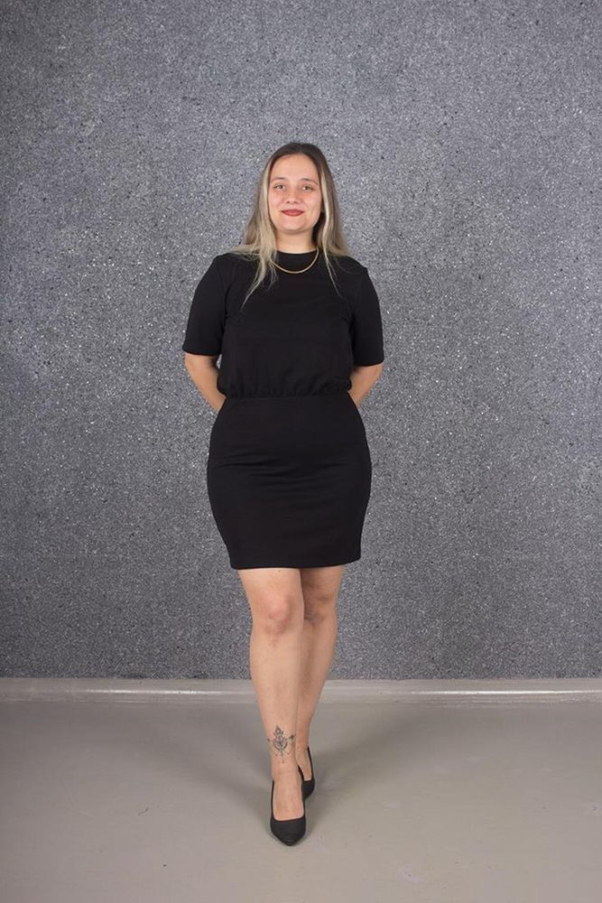 Büyük Beden Kısa Kol Belden Lastikli Elbise Siyah Elb649