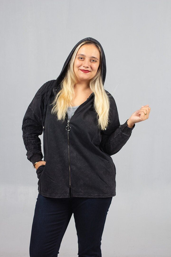 Büyük Beden 2 İplik Pamuk Yıkamalı Siyah Kapşonlu Sweat