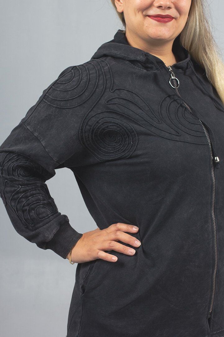 Büyük Beden 2 İplik Pamuk Yıkamalı Siyah Kapşonlu Sweat