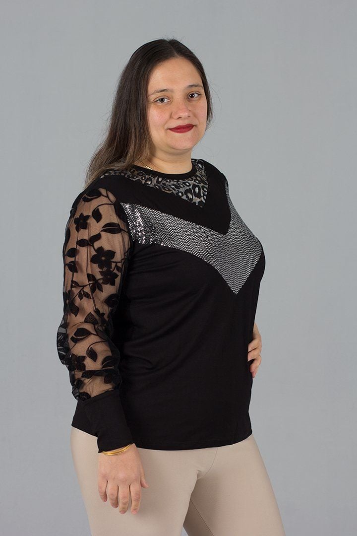 Büyük Beden Tül detaylı Bluz Siyah