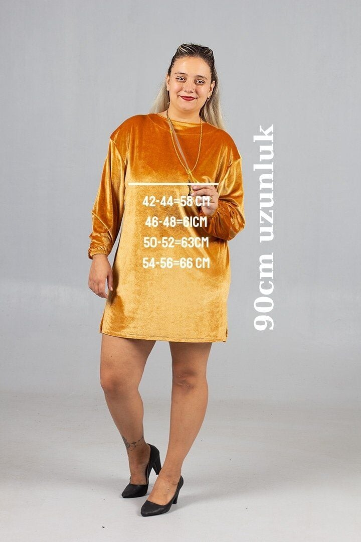 Maksimum Şıklık Kolyeli Büyük Beden Hardal Kadife Tunik