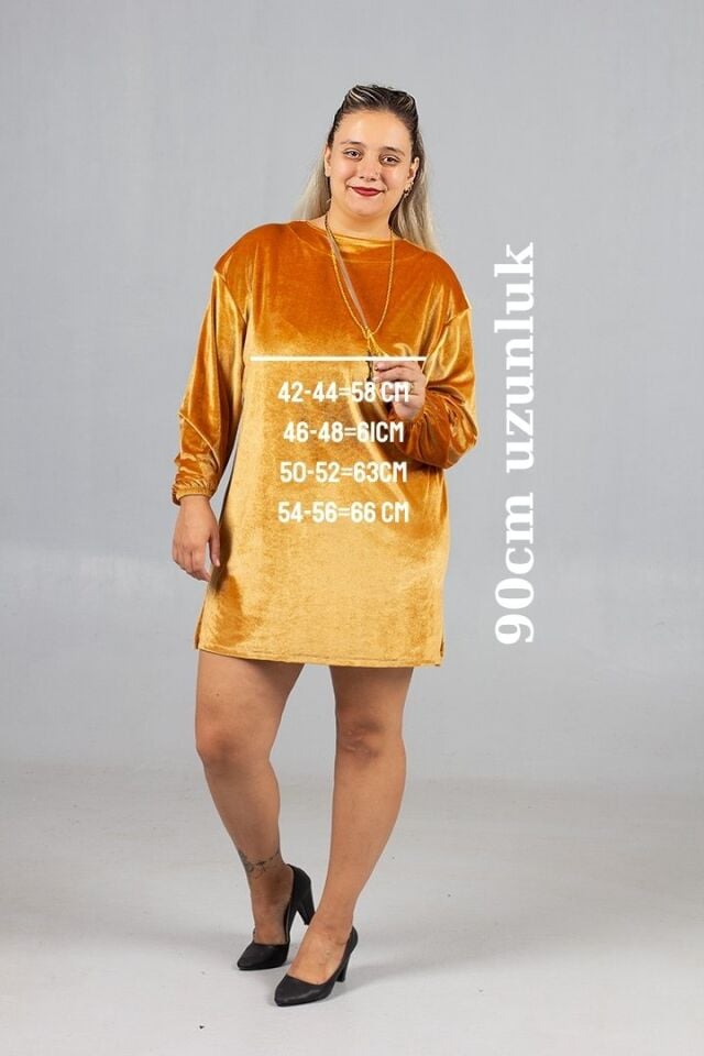 Maksimum Şıklık Kolyeli Büyük Beden Hardal Kadife Tunik