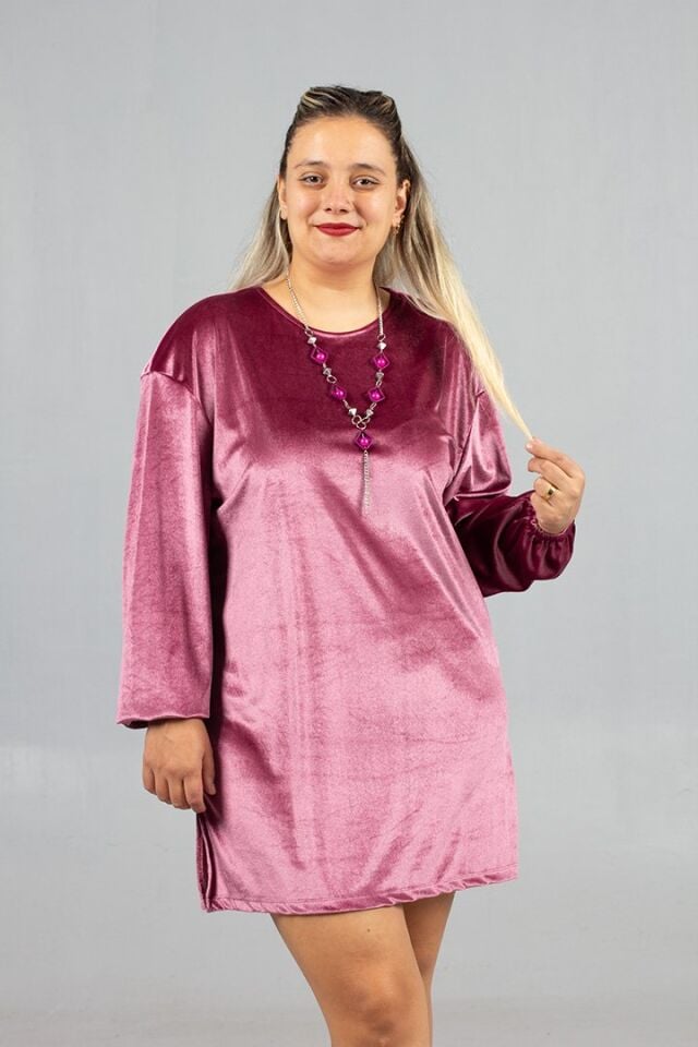 Maksimum Şıklık Kolyeli Büyük Beden Gül Kurusu Kadife Tunik