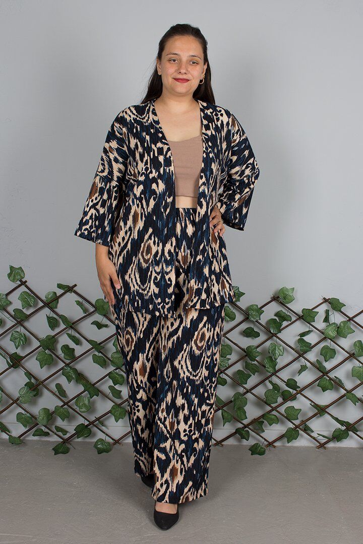 Büyük Beden Lacivert Desenli Kimono Takım | Yumuşak Krep Kumaş