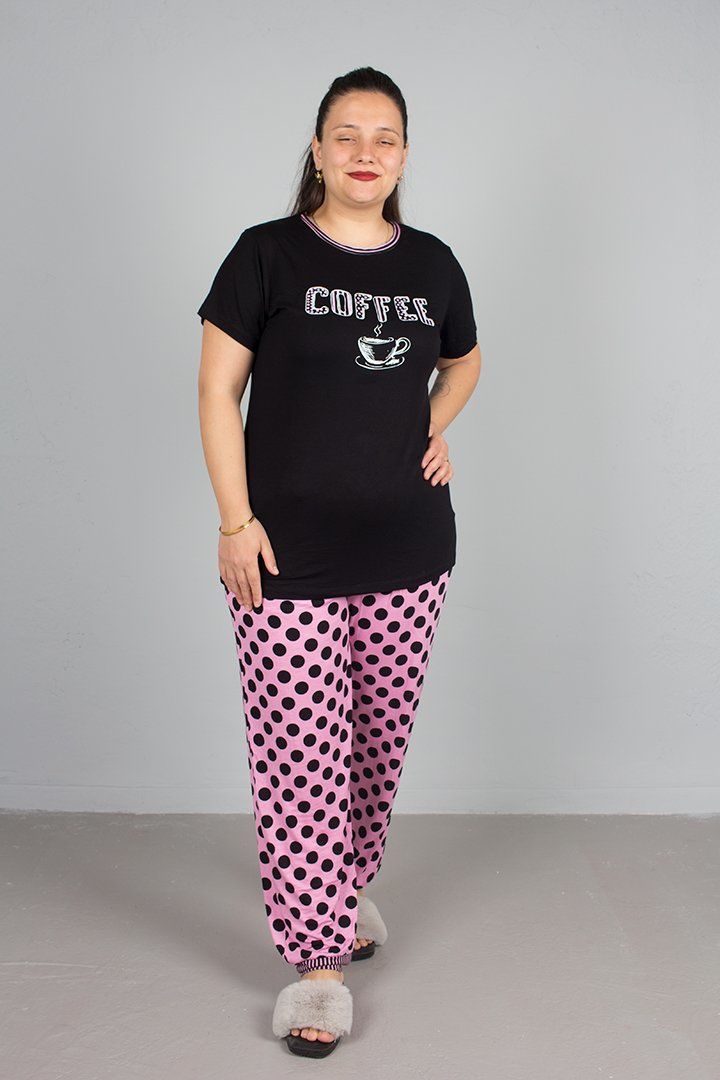 Büyük Beden Alt Puantiyeli Coffee Baskılı Pijama Takım