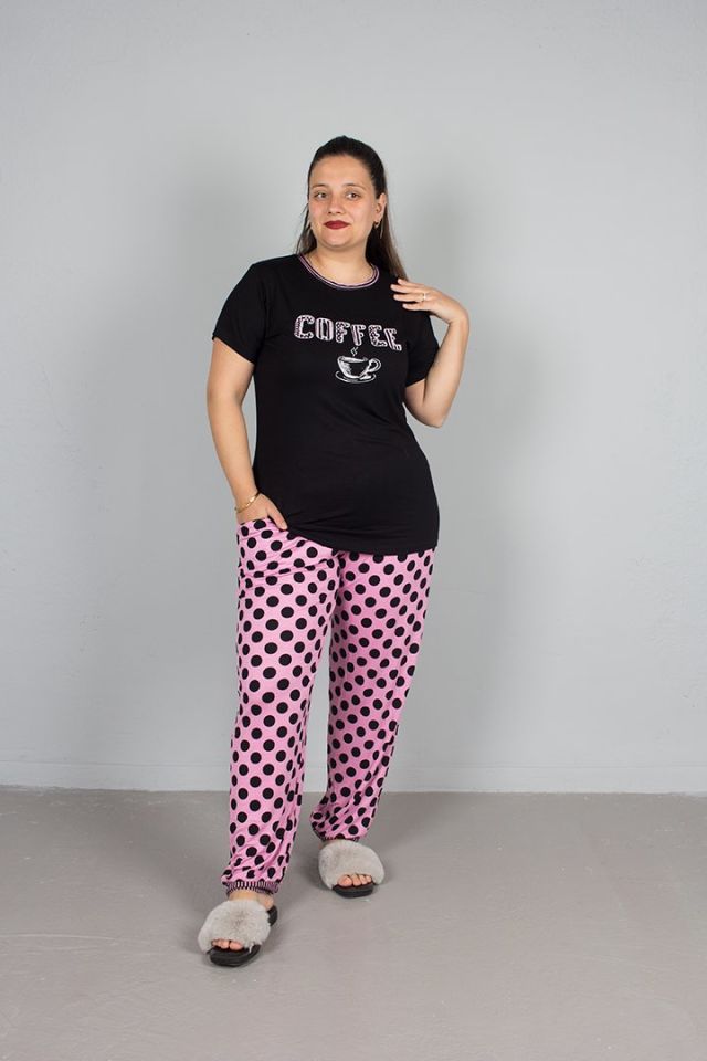 Büyük Beden Alt Puantiyeli Coffee Baskılı Pijama Takım