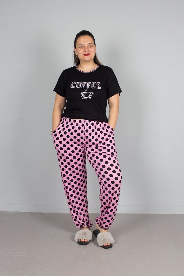 Büyük Beden Alt Puantiyeli Coffee Baskılı Pijama Takım
